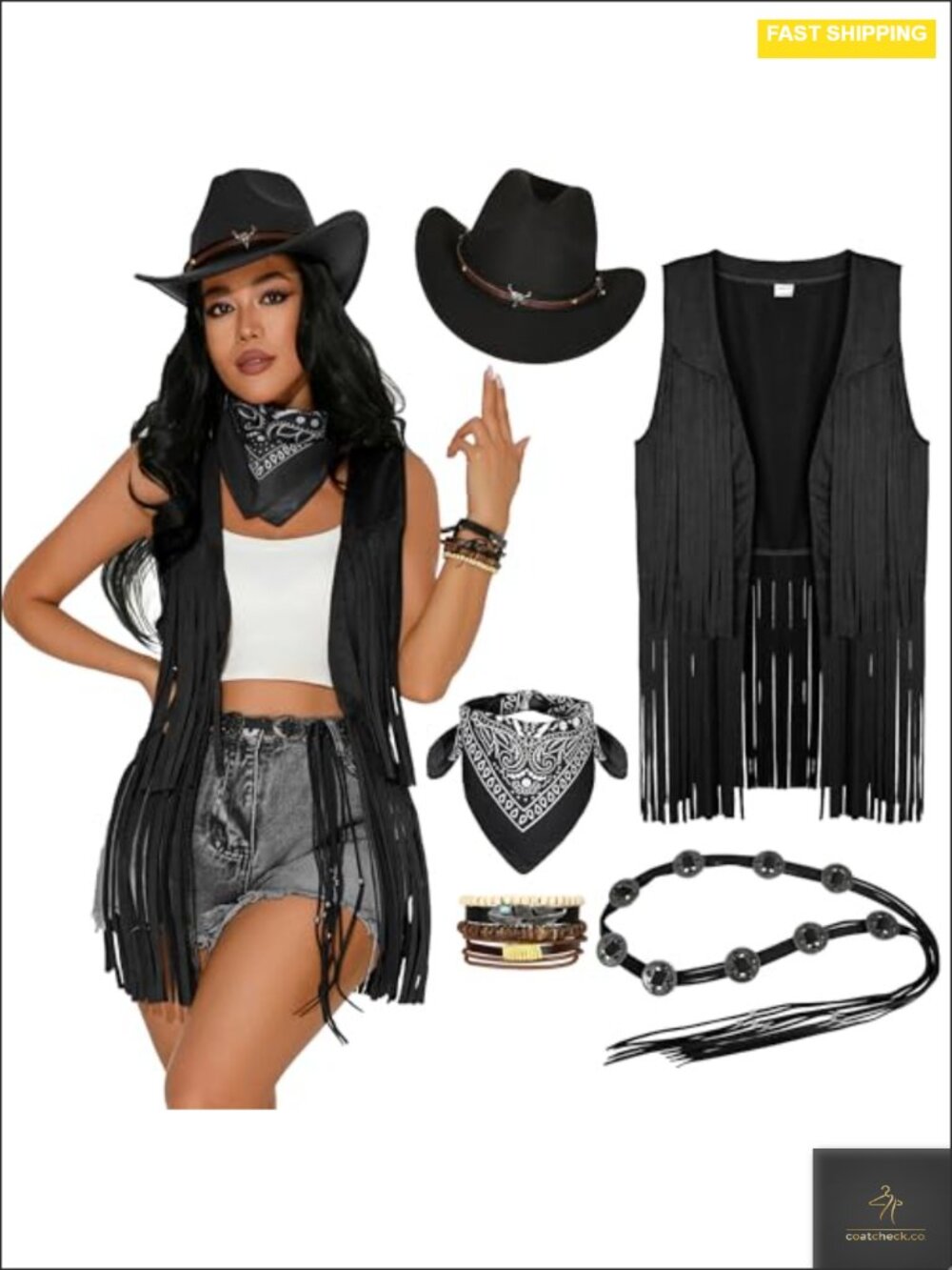 Women's Cowgirl Costume Set Faux Suede Fringe Vest Hat Scarf Belt Bracelet 5pc